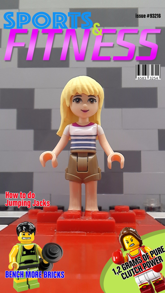 A peronalised lego figure of a blonde haired woman wearing khaki shorts and a striped t-shirt top. The figurine is featured on a magazine front. 