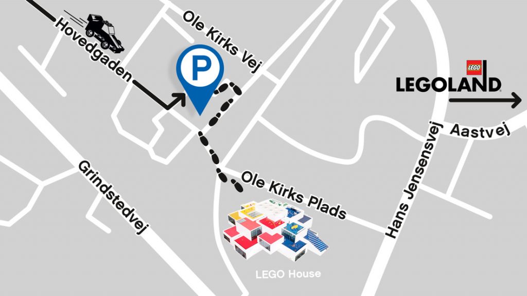 A map of parking directions for visitors to Lego House in Billund, Denmark